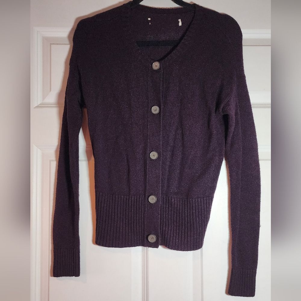Dark Purple Merino Wool Blend Button Up Cardigan Sweater